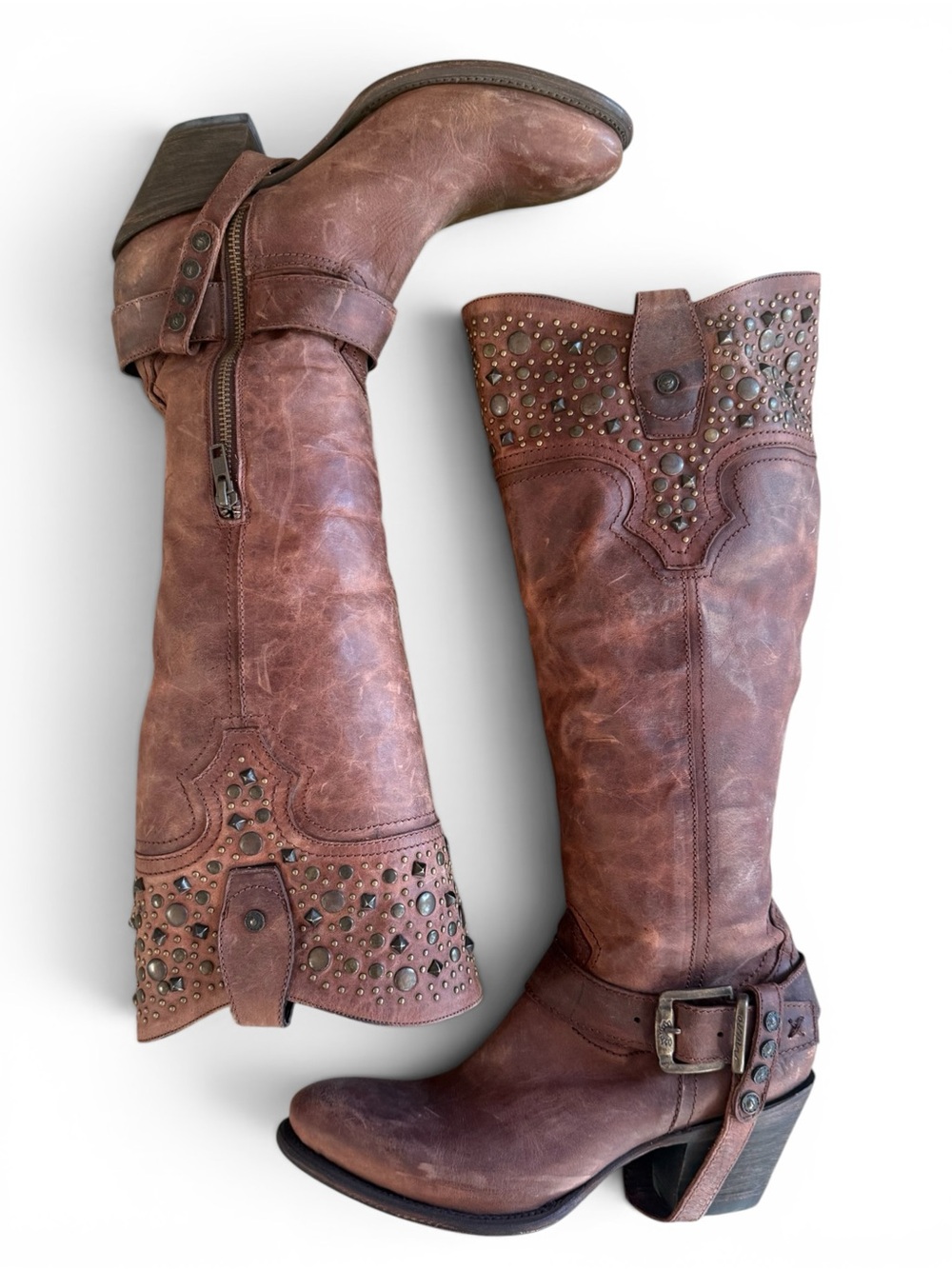 Black Star “Regulus” Studded Brown/Rust Leather Boots